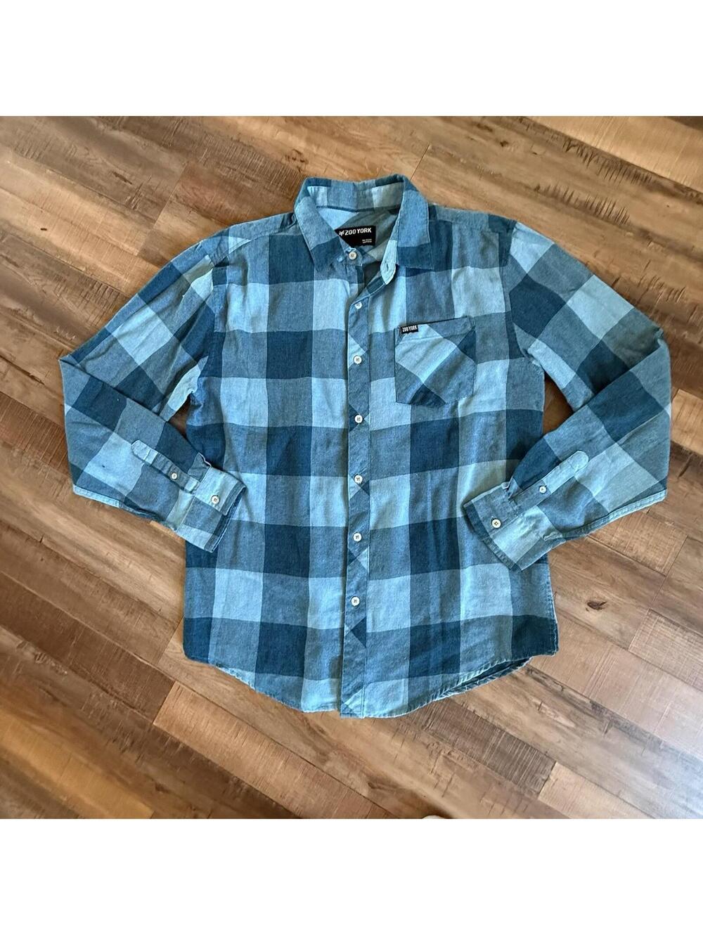 Zoo York Shirt Men's Size Large Blue Check Button Up Long Sleeve Patch Pocket